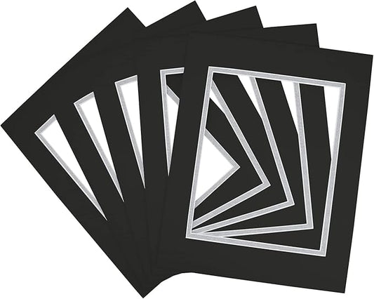 Golden State Art, 11x14 Double Mats for 8x10 - for Photos, Pictures, Frames - Acid-Free, 5 Pack, Black Over Silver