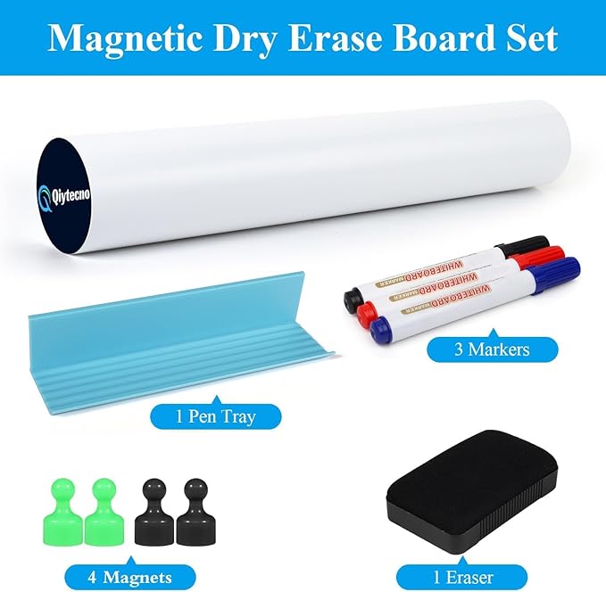 White Board Sticker Adhesive Backing, 47" x 98" Magnetic Dry Erase Board Contact Paper Stick on Wall, Whiteboard Sheet for Teacher Kids Classroom, Include Markers, Eraser with Magnet