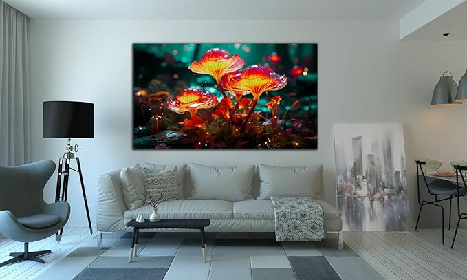 SpiritualHands Fantastic Mushrooms Glass Wall Art Oil Painting for Living Room, Tempered Glass Modern Prints Decor, Large Vivid Color Panel for Bedroom, Kitchen, or Office