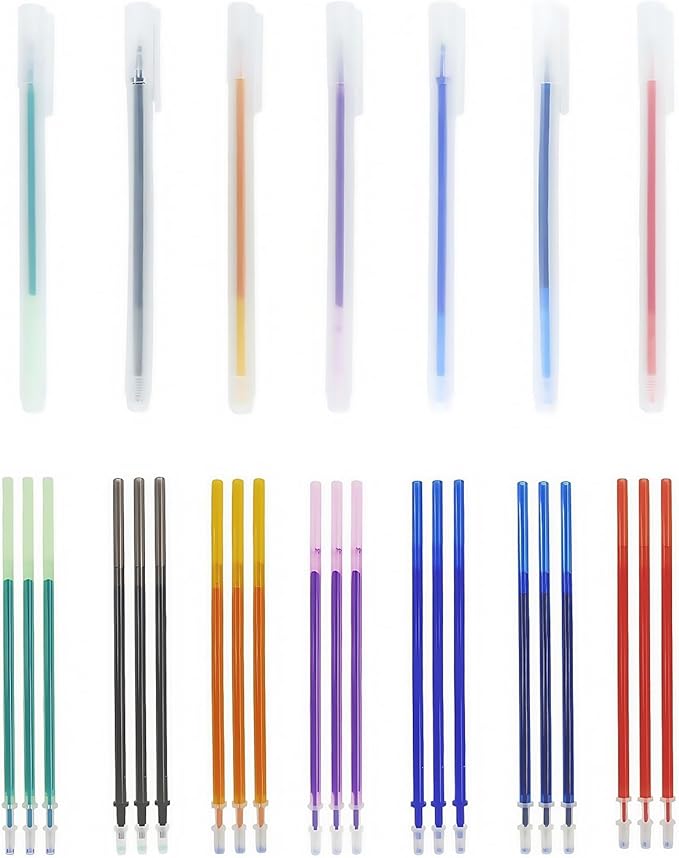 7-Color Heat Erasable Fabric Markers with 21 Refills, Extra-Fine 0.5mm Tip for Sewing, Quilting, Embroidery, Crafts & DIY Projects