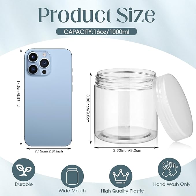 SATINIOR 12 Pack 16 oz Plastic Container Jars with Lids Round Clear Travel Cosmetic Container Slime Jars for Toiletries, Lotion, Cream, Ointments, Makeup, Rhinestone, Samples, Kitchen Storage(Clear)