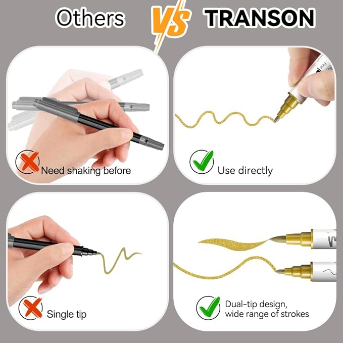 TRANSON 4 Gold and 4 Silver Paint Markers Brush and Fine Dual-tip Acrylic Paint Marker Set for Rock Painting Glass Canvas Wood Leather Ceramic Painting