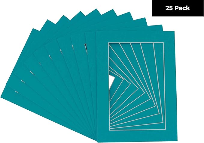 5x7 Mat for 8.5x11 Frame - Precut Mat Board Acid-Free Show Kit with Backing Board, and Clear Bags Teal Blue 5x7 Photo Matte Made to Fit a 8.5x11 Picture Frame Matboard for Framing, Pack of 25 Mats