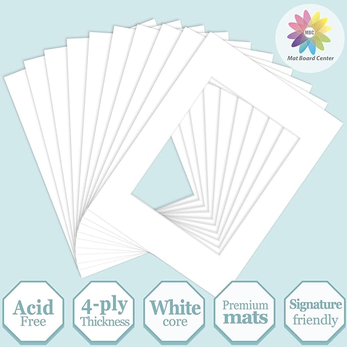 MBC Mat Board Center, 10 Pack 12x16 for 8.5x11 White Picture Mats Frame Mattes, Bevel Cut, Acid Free, 4-ply Thickness
