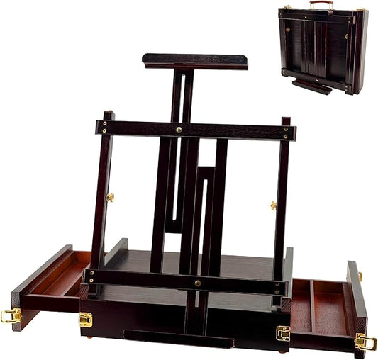Large Walnut Sketchbox Table-Top Easel with Dual Dawers-Adjustable Solid Beech Wood Artist Desktop Easel with Storage Holds Canvas up to 34'' High-(Dark Walnut)