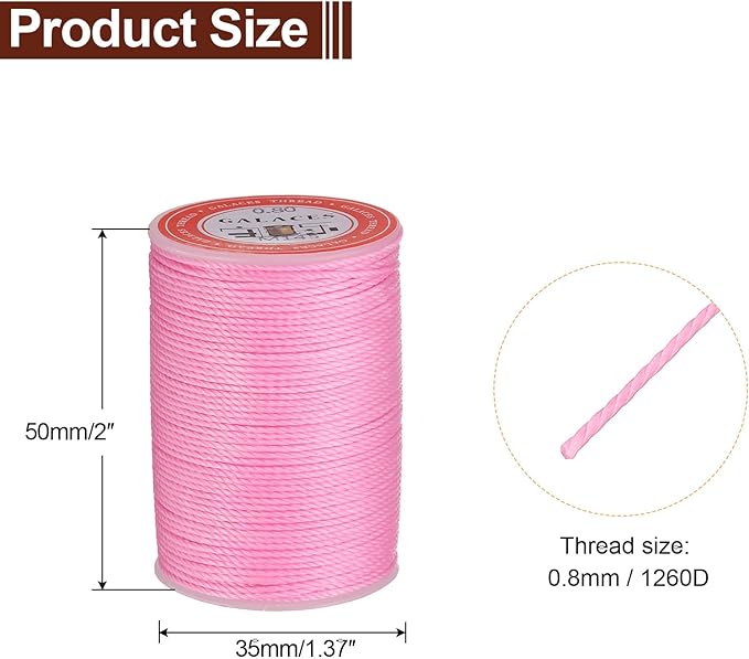 uxcell Round Leather Sewing Waxed Thread, 55m / 60 Yards Wax Polyester String, 0.8mm Waxed Stitching Cord for Leather Crafts, Bookbinding, Bracelets Braided, Pink