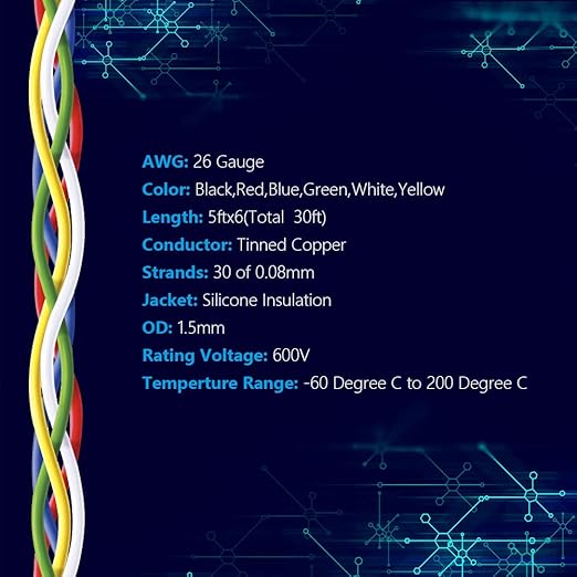 Fermerry 26 AWG Stranded Wire Spool 5ft Each 6 Colors Flexible 26 Gauge Silicone Hook up Wire Kit Electrical Tinned Copper Wire