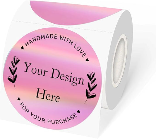 3" Circle Holographic Thermal Label Stickers Pink, Round Printable Rainbow Thermal Sticker for Gift Wrapping, Self-Adhesive/Perforation Line Design