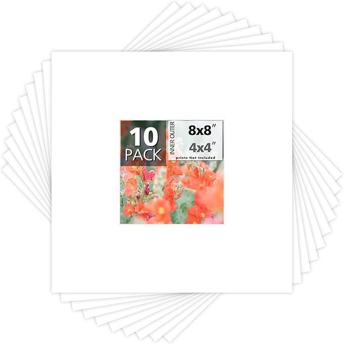Mat Board Center, Pack of 10, 8x8 for 4x4 White Photo Picture Mats - Acid Free, 4-ply Thickness, White Core - for Pictures, Photos, Framing