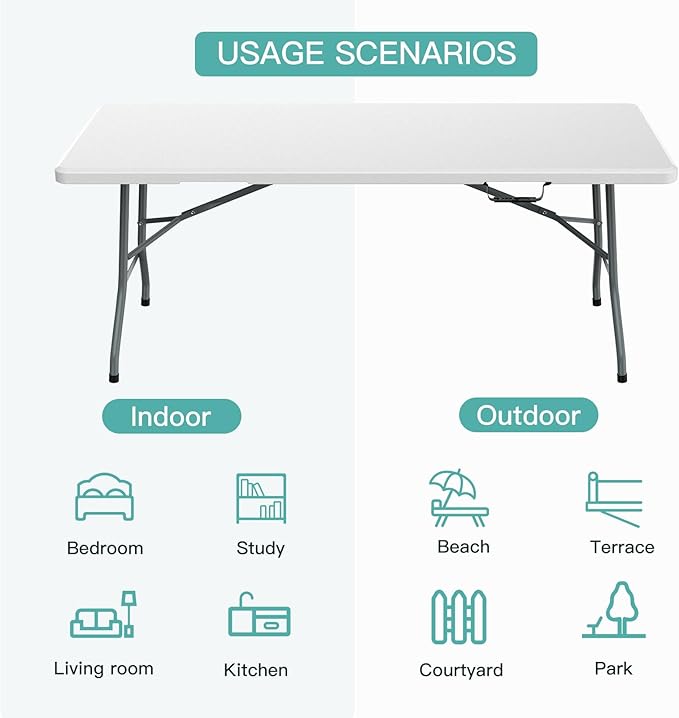 6ft Folding Table, Foldable HDPE Dining Table for Picnic, Camping, Party, Display with Carrying Handle - White