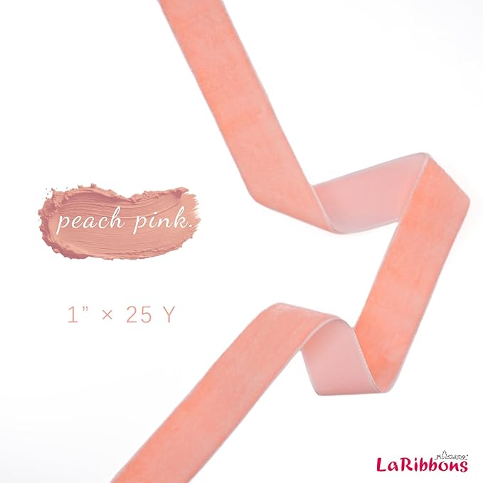 LaRibbons Thin Velvet Ribbon 1 Inch x 25 Yards, Peach Pink Velvet Ribbon for Christmas Tree, Gift Wrapping, Wreath Bow, Outdoor Decoration