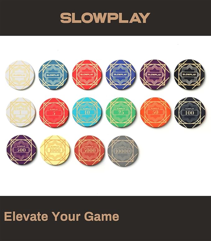 SLOWPLAY Nash Ceramic Poker Chips in Bulk, Casino Grade Ceramic 12-Gram Poker Chip for Texas Hold'em, 43mm Professional Chips Pack of 50 with Denomination of 5