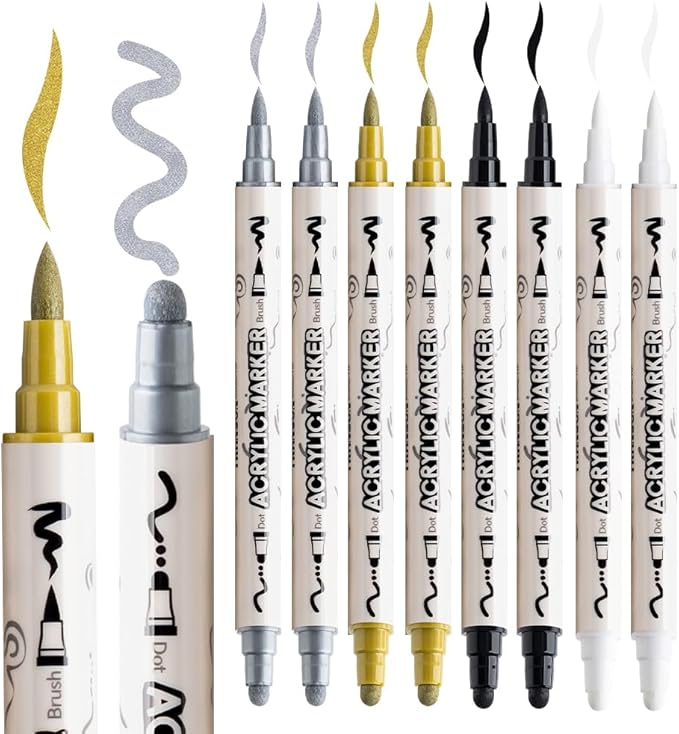 TRANSON 2 Gold, 2 Silver, 2 Black and 2 White Paint Markers Brush and Bold Dual-tip Acrylic Paint Marker Set for Rock Painting Glass Canvas Wood Leather Ceramic Painting