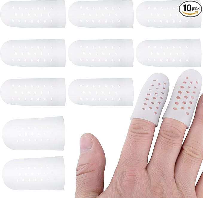 PAGOW 10pcs Gel Finger Cots/Covers, Silicone Finger Protector Support, Finger Caps Finger Sleeves Thumb Protector for Finger Cracking Trigger Finger Arthritis Pain Relief (White, 8 Small+2 Medium)