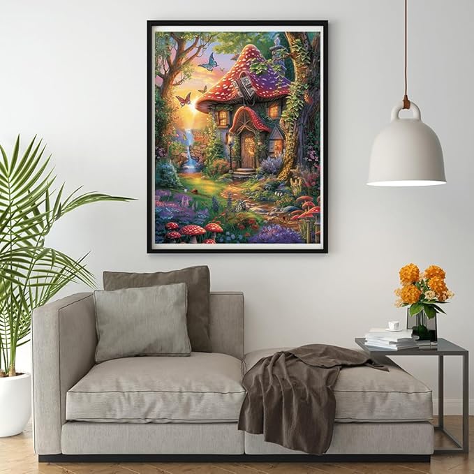 Art Crafts 14ct Counted Cross Stitch Patterns Kits Mushroom House Butterflies Printed Stamped Cross Stitch Kits for Adults Needlepoint Kits (Mushroom House Butterflies)