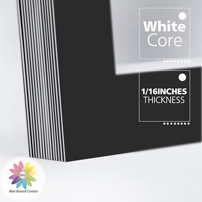 Mat Board Center, Pack of 10, 11x14 for 8x10 Black Color Mats - Bevel Cut, Acid Free, 4-ply Thickness, White Core - for Pictures, Photos, Framing