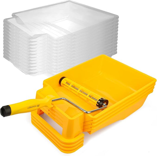 VOOMEY 9 Inch Foot-Operated Paint Tray，Paint Roller Frame,12 Pcs Paint Tray Liner with 4 Set Paint Roller Trays，House Painting Supplies