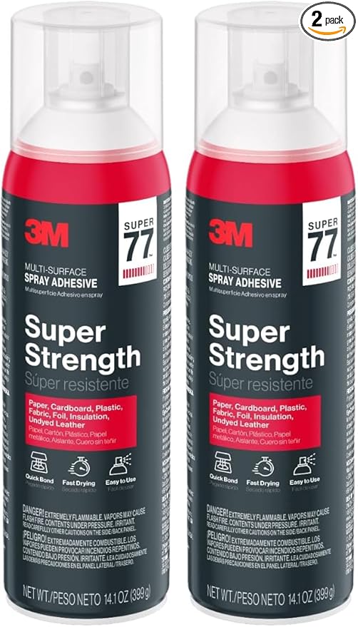 3M Super 77 Multi-Surface Spray Adhesive, 14.1 oz., Low VOC, Quick Bond, Fast Drying, Clear Finish for Foil, Foam, Paper, Metal, Plastic, Fabric, and Cardboard (77-NAT) (Pack of 2)