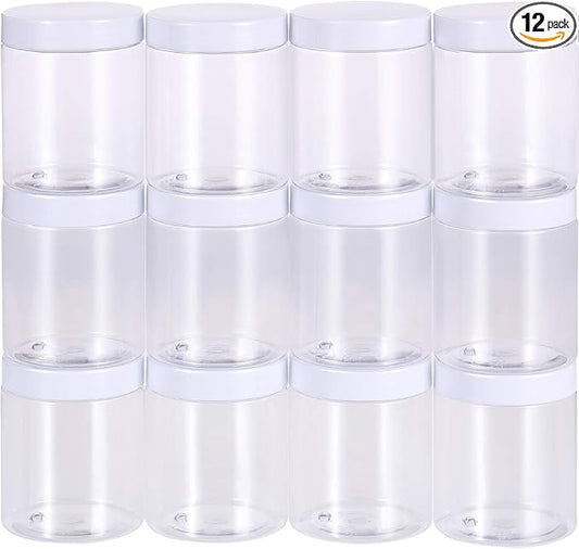 SATINIOR 12 Pack 10 oz Plastic Container Jars with Lids Round Clear Travel Cosmetic Container Jars for Toiletries, Lotion, Cream, Ointments, Makeup, Rhinestone, Samples, Kitchen Storage(White)