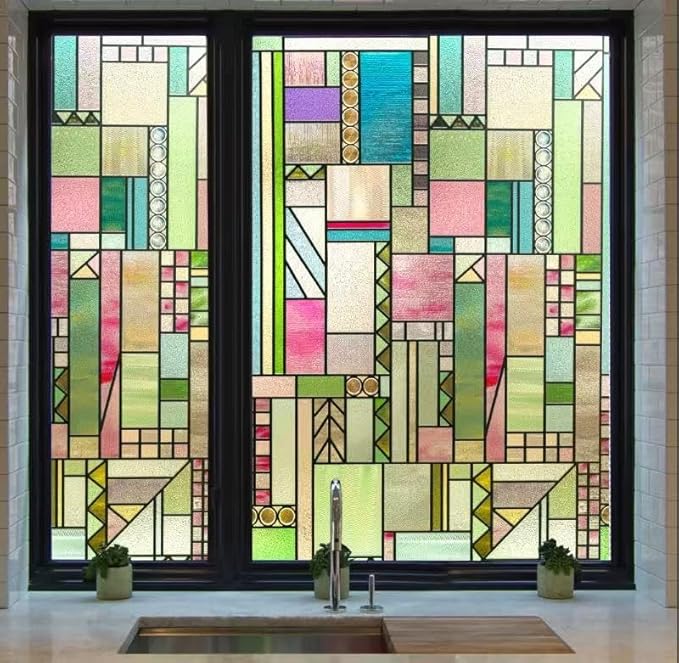 3D Stained Glass Window Privacy Film, Heat Control UV Blocking Static Cling Decorative Window Film for Bathroom,Front Door,Home Non Adhesive,Colorblock 16.9 x 39.3 inches