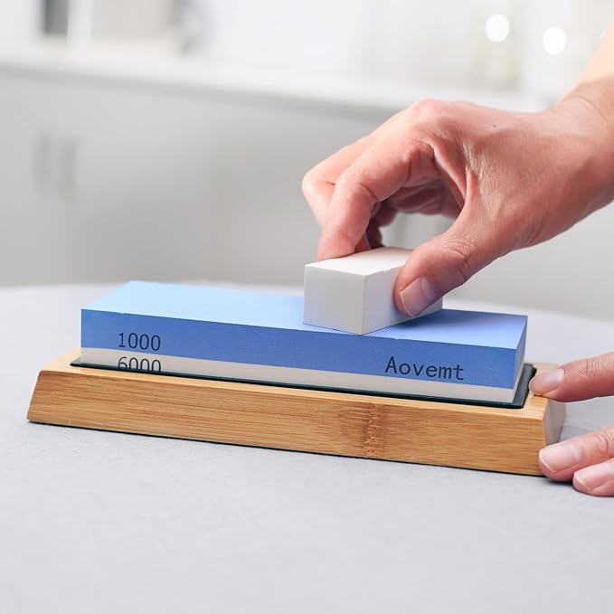 Knife Sharpening Stone, Premium Knife Sharpening Kit, 2 Side Grit 1000/6000 Whetstone, Wet Stone, Nonslip Base, Angle Guide and Flattening Ston e