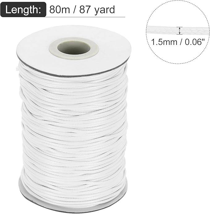 MECCANIXITY Waxed Cord 1.5mm Waxed Thread 87 Yard Wax String Leather Cord for Bracelet Making, Necklaces, Beading, Jewelry Making and DIY Crafts(White)