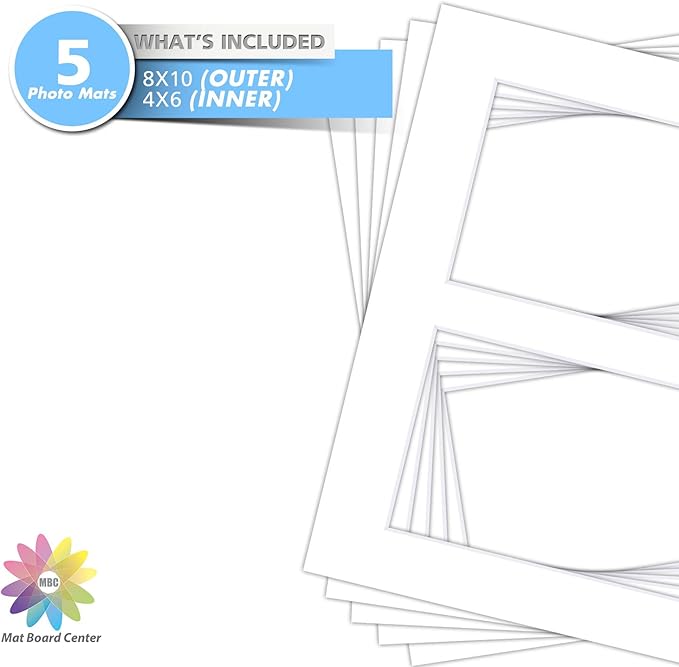 Mat Board Center, Pack of 5, Photo Picture Mats - Acid Free, 4-ply Thickness, White Core - for Pictures, Photos, Framing (8x10 for 2-4x6 White)