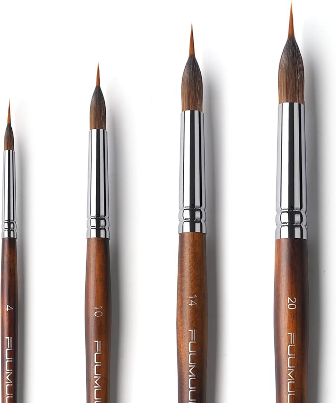 Watercolor Brushes Professional, Fuumuui 4Pcs Extended Needle Point Brushes Synthetic Extra Long Pinhead Brush with Sable Body for Fine Detailing - Watercolor Acrylic Gouache Inks Painting