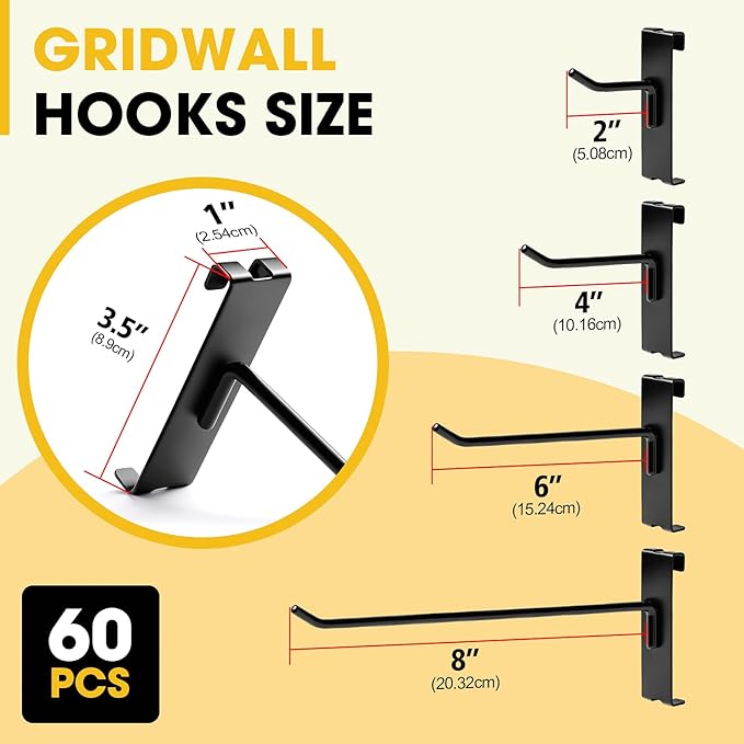 Gridwall Hooks 2 Inch, 60 Pack Heavy Dut Display Hooks for Grid Wall, Grid Panel Hooks Hangers, Grid Wall Accessories for Retail, Craft Shows, Home Setup, and Customized Display, Black
