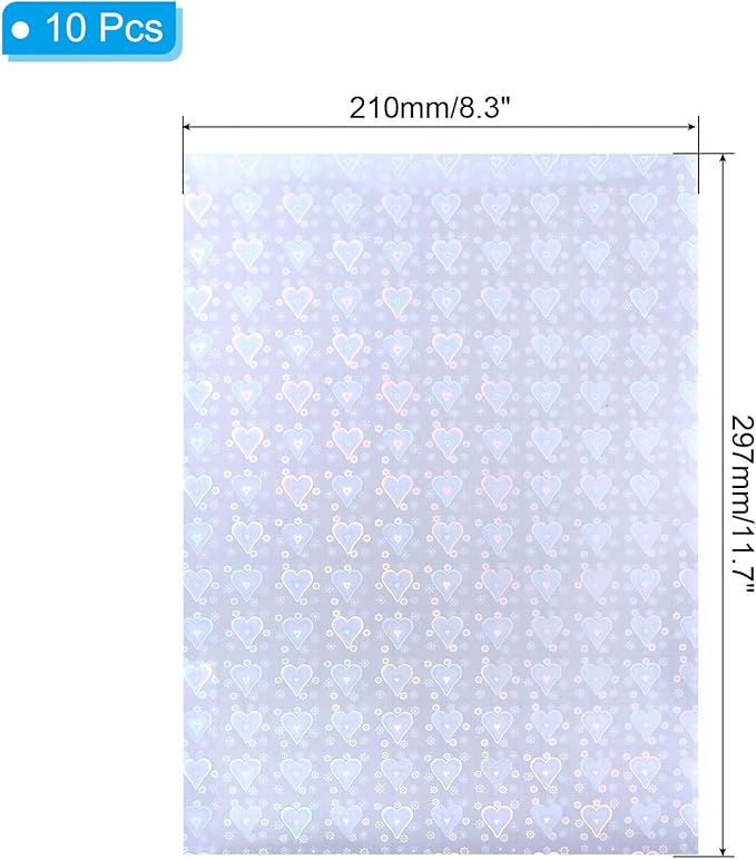 PATIKIL 11.7x8.3" Holographic Sticker Paper, 10Sheets A4 Polypropylene Self-adhesive Transparent Waterproof Laminate Overlay Film for Photo Cards Scrapbook Decorations, Heart