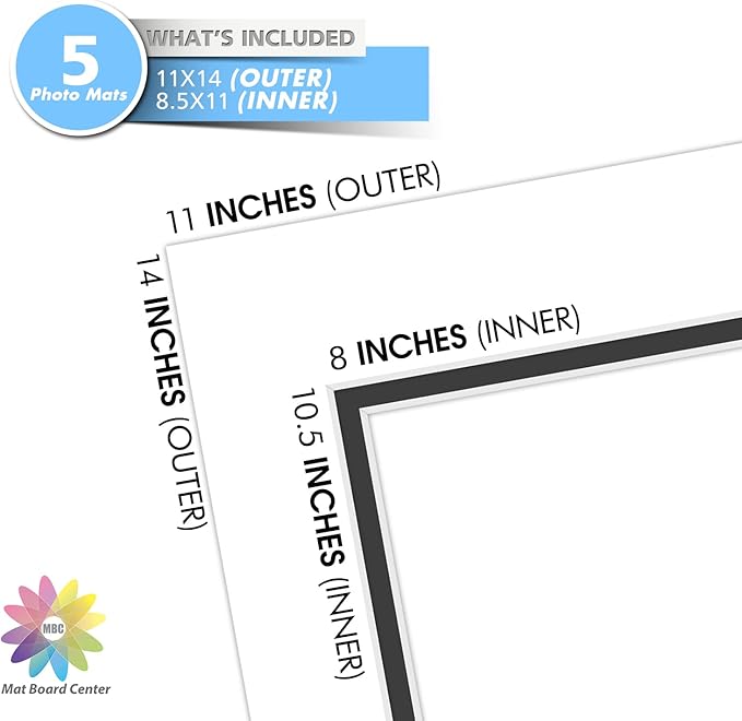 Mat Board Center, Double Mat - Acid Free, 8-ply Thickness, White Core - for Pictures, Photos, Framing (White Over Black, 11x14 for 8.5x11, Pack of 5)