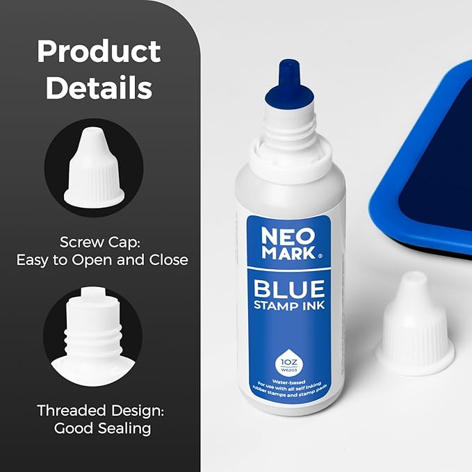Premium Stamp Ink, Quick-Drying and AP-Certified Non-Toxic Refill Ink for Self-Inking Stamps, Date Stamps and Stamp Pads(Blue, 1oz)