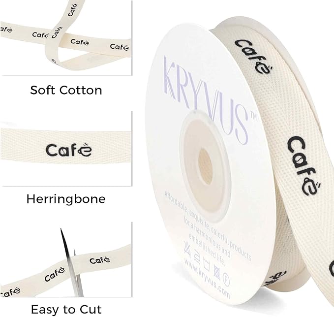 Cafe Print Ribbon - 5/8 Inch x 12 Yards Natural Twill Tape Ribbon, Cotton Herringbone Ribbons for Gift Wrapping, Party, Coffee Bar Decoration