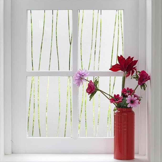 Finnez Window Privacy Film Decorative Frosted Window Cling Privacy Film for Glass, Non-Adhesive Heat Anti-UV for Home Office Living Room, Irregular Stripe Patterns, 17.5 x 118.1 Inches