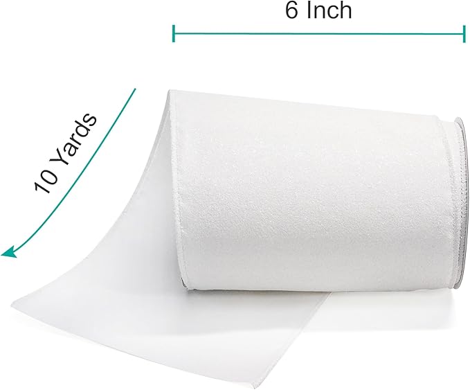 CT CRAFT LLC Glitter Wired Ribbon 6" x 10 Yards White for Christmas Home Decor Bow Gift Wrapping DIY Crafts Wreath
