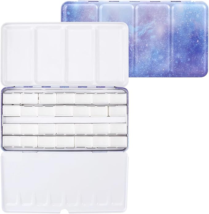 LOONENG Empty Watercolor Palette, Empty Watercolor Tin with Fold Out Palette, Large Purple Watercolor Tray Palette with 28 Empty Full Pans for Plein Air Painting and Sketching