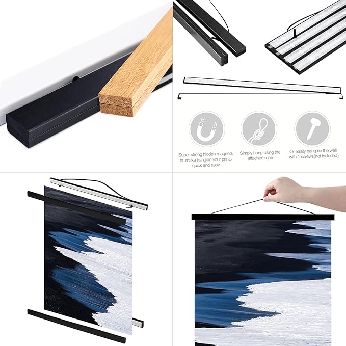 Ywlake Magnetic Poster Hanger, 33x24 33x23 33x50 Poster Frame Wood Wooden Magnet Print Posters Dowel Scroll Hanger Hangers Hanging Kit for Walls Map Canvas Artwork (Black, 33")