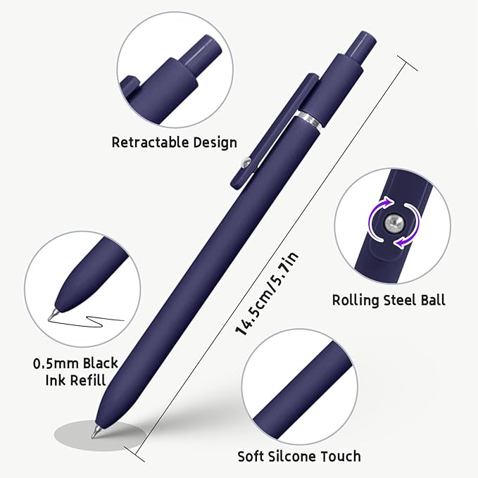 Gel Pens, 5 Pcs 0.5mm Black Ink Pens Fine Point Smooth Writing Pens with Silicone Grip, High-End Series Metal Clip Retractable Pens for Journaling Note Taking (Vintage)