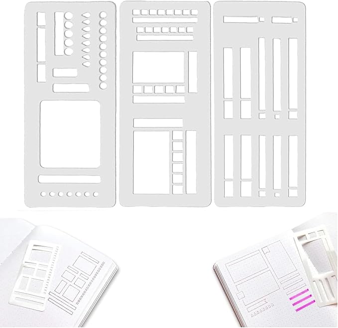 3PCS Planner Stencils Templates Set, Handmade Flexible Record Template, Lexible Journal Calendar Stencil for Dot Grid Planners, Versatile Drawing Template Kit for Journaling, Checklists, Boxes, Lines