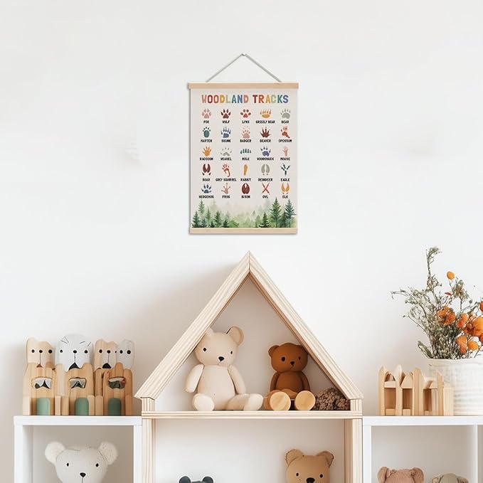 Boho Animal Woodland Tracks Poster Hanger, Forest Jungle Animals Nursery Decor Wall Decor, Paw Print Educational Posters Country Wall Art Wall Hanging Banner Farmhouse Home Playroom Baby Room Decor