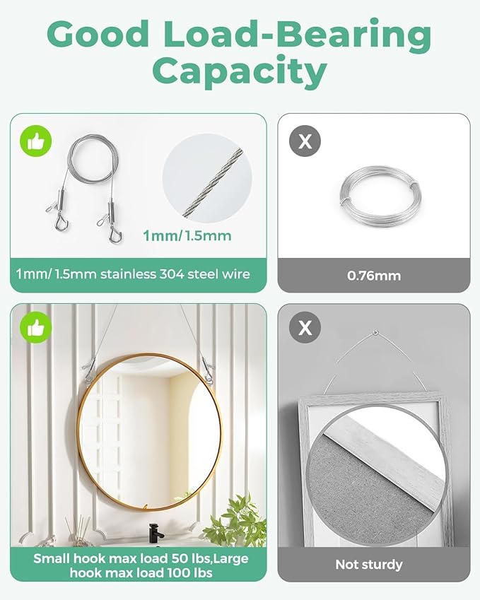 2PCS Picture Hanging Wire Adjustable 1m x 1mm Small Hooks, Picture Frame Wire Kit Heavy Duty 50lbs, Stainless Steel for Art, Mirror, Light Lamp, Billboards, Basket Flowerpot