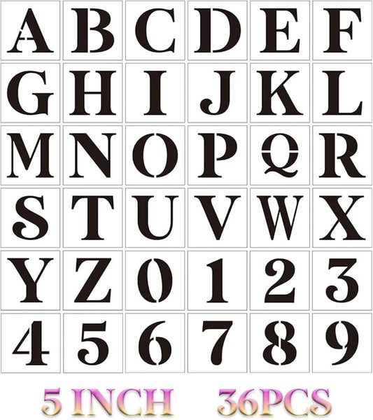 5 inch Letter Stencils for Painting On Wood,36pcs Stencils Letter Alphabet Number Stencil Templates for Wood Wall Signs Door Porch Fabric