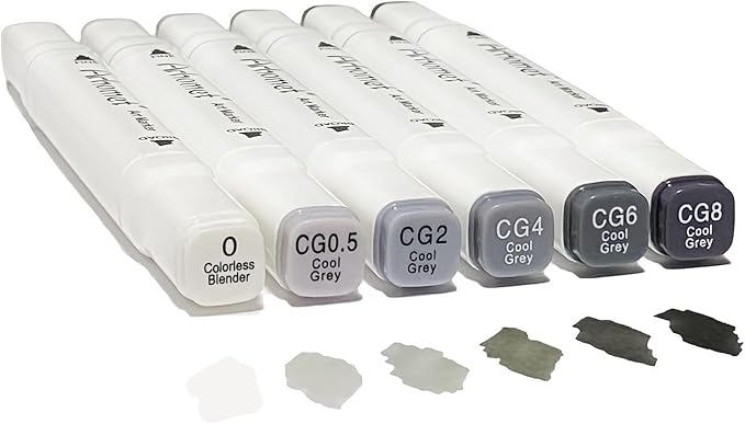 6pcs Grey Gray Alcohol Markers Set for Building Interior Design, Dual Tips Art Markers Drawing Sketched Double Tipped for Adults Kids (Cool Grey)