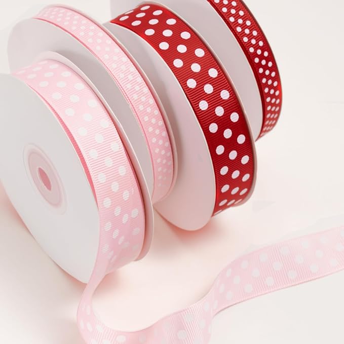 Polka Dot Grosgrain Ribbon 5/8 Inch, 25 Yards Spool Pink and White Dot Craft Ribbon for Christmas Gift Wrapping DIY Crafts Hair Bows Wedding Party Decor Sewing and Home Decoration