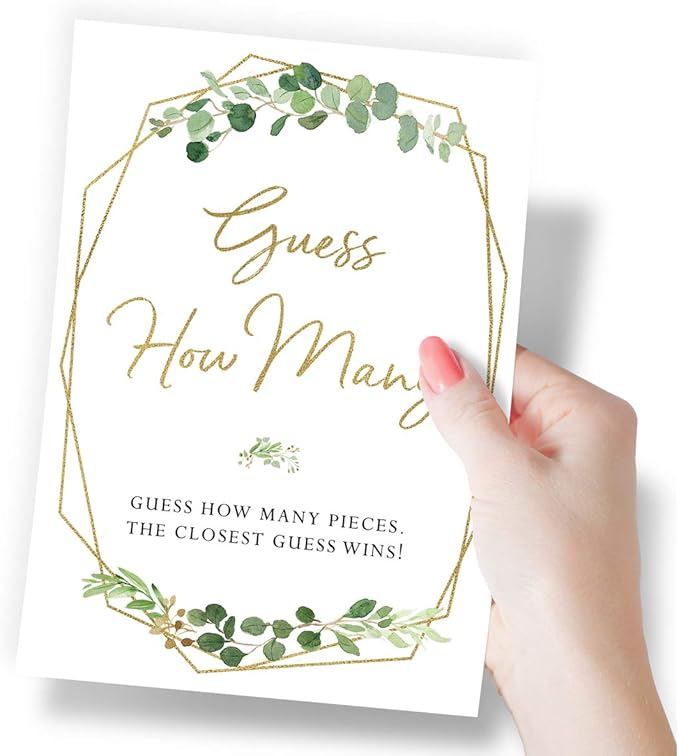 Printed Party Candy Guessing Game, Guess How Many, Greenery, 50 Cards and Sign