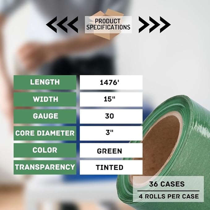 PSBM Green Stretch Wrap, 15 Inch x 1476 Feet, 144 Pack, Tinted Pre-Stretched Shrink Wrap Film for Moving, Packaging, Pallet Wrapping