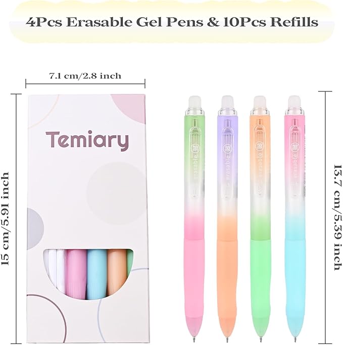 Temiary 4 Pcs Erasable Gel Pens & 10 Pcs Refills, Retractable Ink Pen with Eraser Clear, 0.5mm Fine Point Smooth Writing Make Mistakes Disappear for Crossword Puzzles Note Taking (Blue Ink)