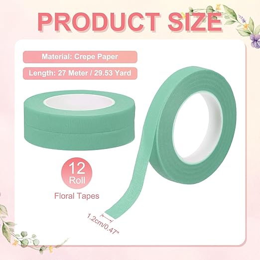 MECCANIXITY 12 Rolls Floral Tapes, 30 Yard x 1/16 in Florist Crepe Flowers Bouquets Tape Adhesive Waterproof for Flower Arranging Wrapping, Turquoise