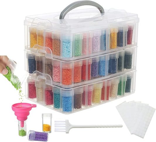 Douorgan 3-Tier Diamond Painting Storage Containers Portable Bead Organizer and Storage Box Stackable Arts & Crafts Organizers for Nail Charms Seed, 132 Round, Funnel, Stickers