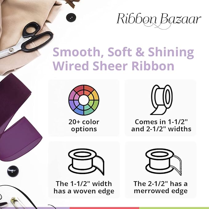 Ribbon Bazaar Sheer Organza Wired Ribbon - 100% Polyester Wire Edged Ribbon for Floral Decor, Table Arrangements, Apparel Embellishment & More - 1-1/2" Shocking Pink 25yd